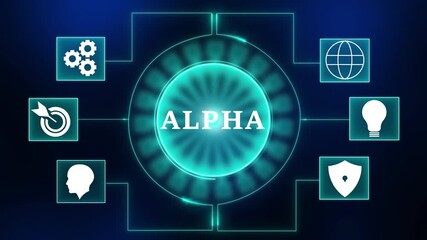 Alpha concept digital network connections technology icons abstract background glowing neon lines data flow global connectivity innovation strategy security intelligence business growth - Powered by Adobe