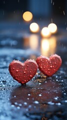 Fototapeta premium Two hearts glistening in the rain