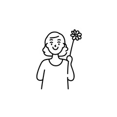 Black and white vector illustration of a beautiful woman holding a flower, minimal clean line art style