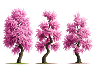 Three vibrant pink cherry blossom trees, stylized and detailed, set against a plain background