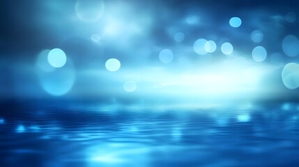 A captivating scene of a tranquil water surface reflecting a soft, ethereal, blue-toned sky with scattered, luminous bokeh.