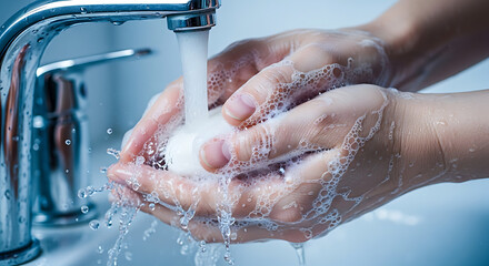 Fototapeta premium Close up of hands washing with soap under running water from a chrome faucet.