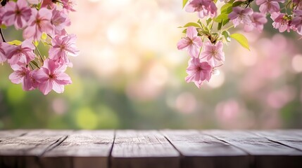 A delicate display of blossoming cherry blossoms in soft pink hues, set against a blurred backdrop of springtime greenery and a rustic wooden table, exuding a serene and peaceful atmosphere.