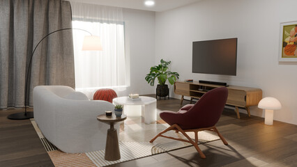 3D render of a cozy modern living room interior with warm neutral tones, soft natural light, minimalist Scandinavian design, mid-century inspired furniture, indoor plant decor, relaxing, stylish
