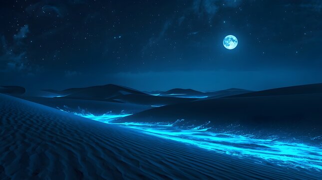 Moonlit Desert Dreamscape with Glowing Blue Sands