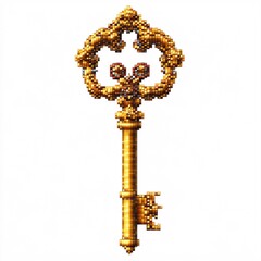 Pixel art key with golden pattern on white background