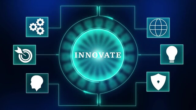 Innovate concept with gears lightbulb globe target head silhouette and shield icons connected to central glowing circle digital technology and business strategy - Powered by Adobe
