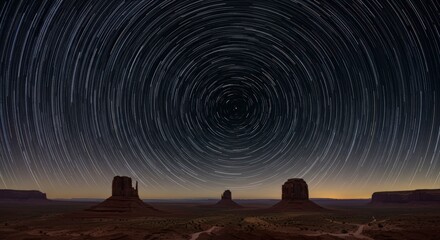 Star trails over desert landscape