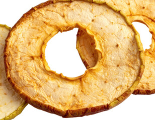 Close-up of three dried apple rings, layered, showing texture and color