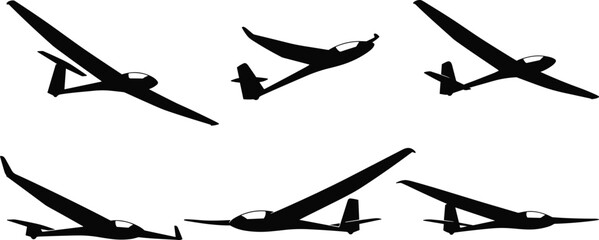 Glider aircraft silhouette vector set, soaring plane clipart, aviation icons for flight school, air sports, sailplane design, and pilot graphics