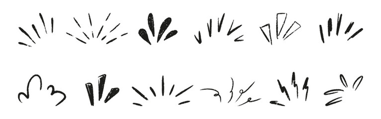 Comic burst manga element with twinkle line and surprise effect. Doodle starburst sketch. Hand drawn sunray sparkle, crayon shine and chalk highlight for attention mark design. Vector illustration