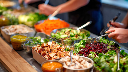 Obraz premium Fresh ingredients at a salad bar, where people are serving themselves leafy greens, toppings and proteins, with tongs and serving spoons.