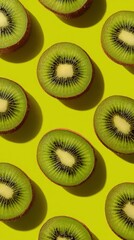 Top view of kiwi slices on a vivid yellow background, highlighting the unique patterns and textures of the fruit, creating a fresh and colorful atmosphere