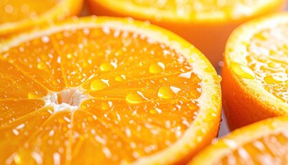Close up of vibrant orange slices with glistening water droplets scattered across juicy pulp Citrus Fruit