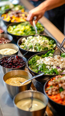 Obraz premium Diverse salad bar featuring fresh greens, vibrant toppings, and savory dressings in sleek metal containers.