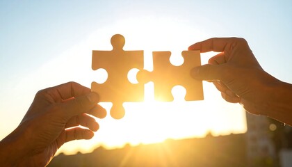 Two hands holding puzzle pieces together against a sunlit sky, symbolizing connection and collaboration