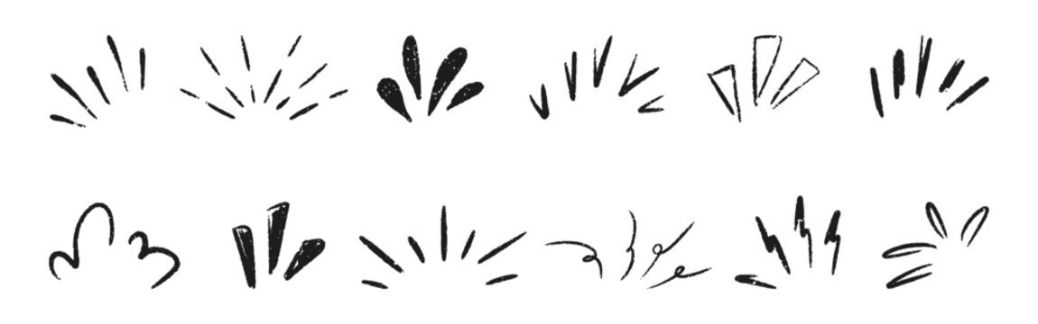 Comic burst manga element with twinkle line and surprise effect. Doodle starburst sketch. Hand drawn sunray sparkle, crayon shine and chalk highlight for attention mark design. Vector illustration
