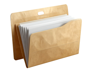 A light beige, document organizer with several white papers inside.  The folder has a hinged, slotted design
