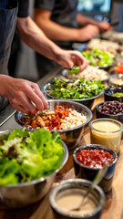 Obraz premium Salad preparation: A culinary professional assembles a colorful salad with fresh ingredients, showcasing healthy and delicious food.