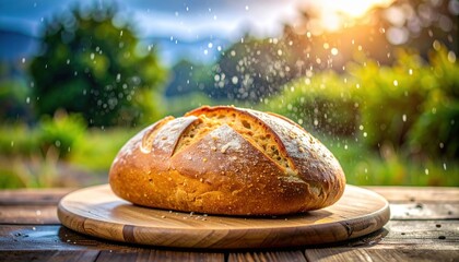 Freshly baked artisanal bread with a golden crust sits on a wooden cutting board outdoors in sunlight with bokeh lights
