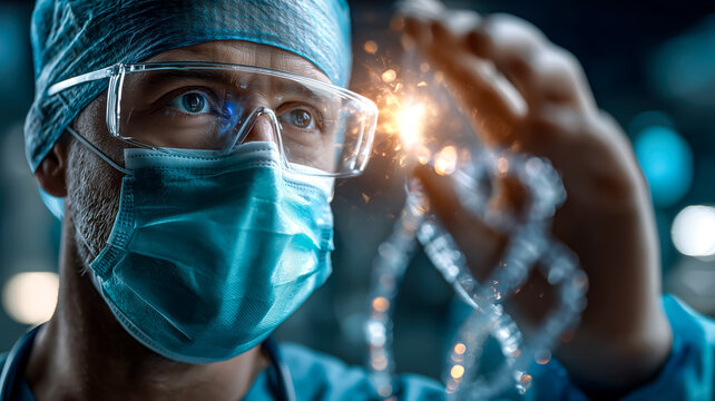 Close-up of a medical professional in protective gear, examining a glowing DNA strand. Cutting-edge research and innovation.