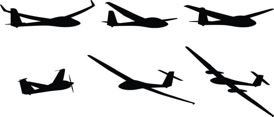 Military drone silhouette vector set, unmanned aerial vehicle icons, spy drone clipart for surveillance, reconnaissance, aviation design, and defense graphics