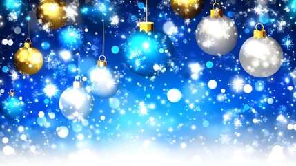 Festive Christmas decorations hang against a vibrant blue backdrop, adorned with sparkling snowflakes and bright lights.