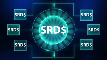 Digital network of Surinamese Dollar S R D currency symbols glowing on dark background with connecting lines and central hub representing financial transactions and global economy - Powered by Adobe