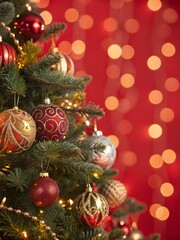 Fototapeta premium Christmas tree decorated with ornaments and lights on a red bokeh background