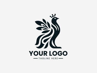 Heraldic medieval bird vector logo with shield and crown for royal family crest or castle branding