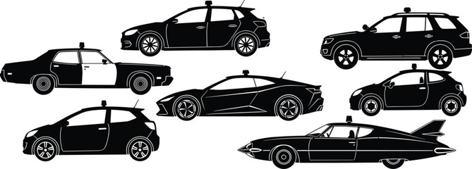 Police car silhouette set, patrol vehicle icons, law enforcement cars, vintage police sedan, modern police SUV, emergency car vector © Rifat's World