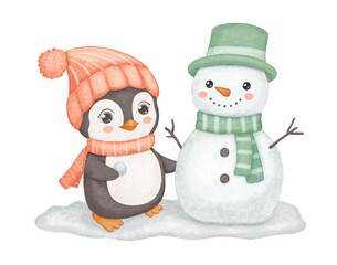 Penguin in red hat and scarf with snowman on snow. Cute animal isolated on white background. Childish watercolor winter illustration for kids