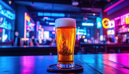 A tall glass of amber beer with a foamy head sits on a dark table amidst colorful neon lights in a bar