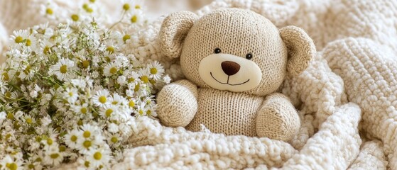 Adorable Knitted Teddy Bear with Daisies