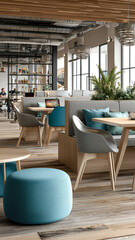 Shared workspace features modern furniture, natural lighting, and an open floor plan for collaborative work environments.