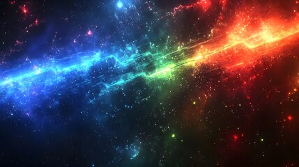 A vibrant, colorful cosmic scene displays streaks of light and glowing particles across a dark background.