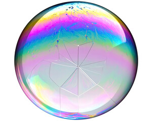 A vibrant, iridescent soap bubble, fractured into a starburst pattern