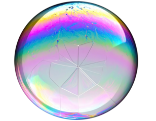 A vibrant, iridescent soap bubble, fractured into a starburst pattern
