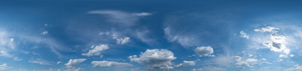 Seamless cloudy blue sky hdri panorama 360 degrees angle view with zenith and beautiful clouds for use in 3d graphics or game development as sky dome or edit drone shot