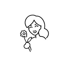 Black and white vector illustration of a beautiful woman holding a flower, minimal clean line art style