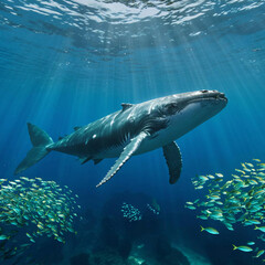 a large whale in the ocean with rabits