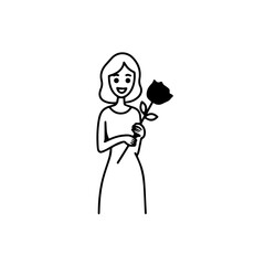 Black and white vector illustration of a beautiful woman holding a flower, minimal clean line art style