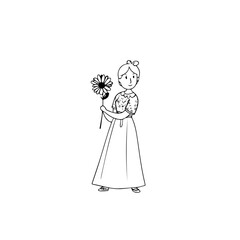Black and white vector illustration of a beautiful woman holding a flower, minimal clean line art style