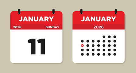 January 11 2026 (sunday) Calendar Vector Illustration. 11 january calendar page. event reminder illustration. Day calendar with date January 11. Week Starts on Sunday. 