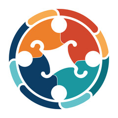 Abstract icon of three interlocking puzzle pieces, representing collaboration, solution, connection, teamwork, integration, and business strategy concept.
