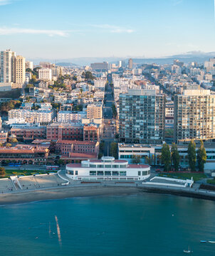 Aerial view of the St. Francis Yacht Club, the city's skyline, and the tranquil waters of the bay, San Francisco, California, United States.