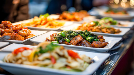 Obraz premium Delicious buffet dishes on display. Variety of savory options, artfully arranged for catering or dining, tantalizing taste buds.