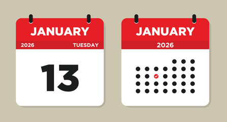 January 13 2026 (tuesday) Calendar Vector Illustration. 13 january calendar page. event reminder illustration. Day calendar with date January 13. Week Starts on Sunday. Checklist day calendar.
