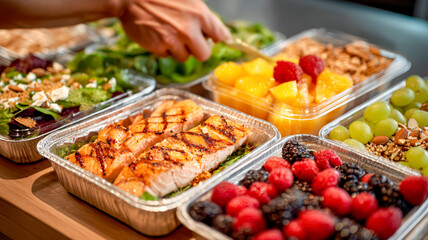 Fototapeta premium Assortment of healthy, balanced takeout meals ready to eat. Pre-packaged salmon, salad, and fruit options for quick nutrition.
