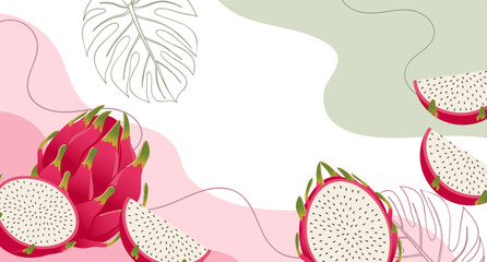 Dragon fruit fruits background. Composition of pitaya fruits with organic shapes and leaves. Tropical fruit background.